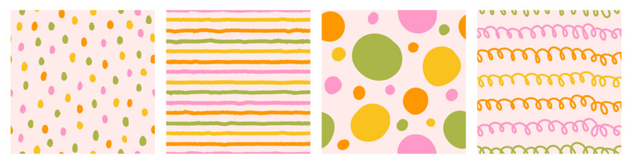 Colorful seamless pattern set of hand drawn curved lines, spirals, dots and texture strip. Trendy vector design with abstract shapes, simple and playful doodle wallpaper print