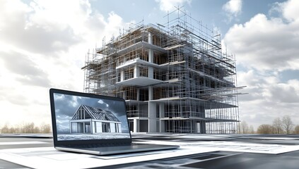 Laptop displays building design on blueprints of a skyscraper under construction