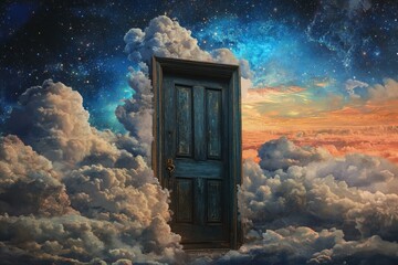 The Mystical Doorway to Dreams A Surreal Portal Amidst Clouds of Stars and Colorful Skies