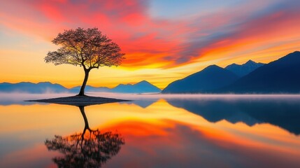 Obraz premium Solitary Tree Reflecting In Calm Lake At Sunrise