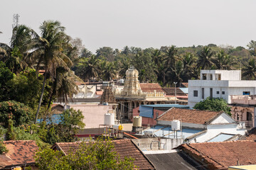 Historic structures emerge among the rooftops of Shravanabelagola, framed by palm trees and foliage