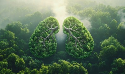 Green lung forest in a shape of lungs. healthy lungs fresh air concept, Generative AI