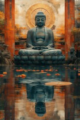 Serene Buddha Statue in Meditation Reflecting Peace and Harmony within a Tranquil Water Garden Setting