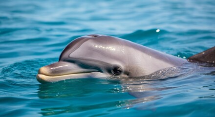 Fototapeta premium Close-up of a bottlenose dolphin swimming in crystal clear ocean water. Dolphin Awareness Month