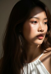 Naklejka premium Thoughtful young woman in soft light with natural makeup and white top