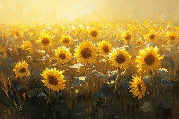 A vibrant oil painting depicting a sunlit sunflower field, showcasing the beauty of nature's golden hues. © Vibu design  gallery