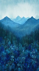 Mystical Blue Floral Landscape with Mountains and Abstract Forest Texture in Green and Blue Hues, Generative AI