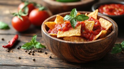 Wooden bowl of tortilla chips with salsa, tomatoes, and basil.