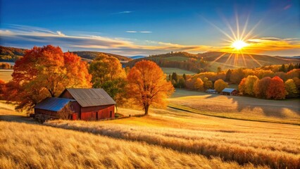 Serene autumn sunrise over a rustic farmstead nestled amidst golden fields and vibrant foliage