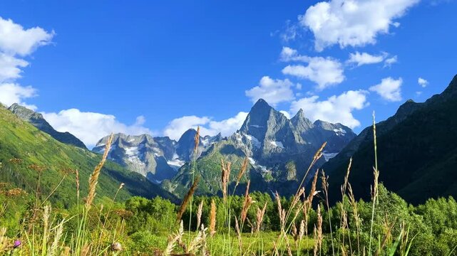 Teberdinsky Nature Reserve. View of Kosygin's glade in the Gonachkhir gorge and the top of Dombai-Ulgen mountain near Lake Tumanly-Kel on a sunny summer day. Panoramic landscape. Resort. 4K