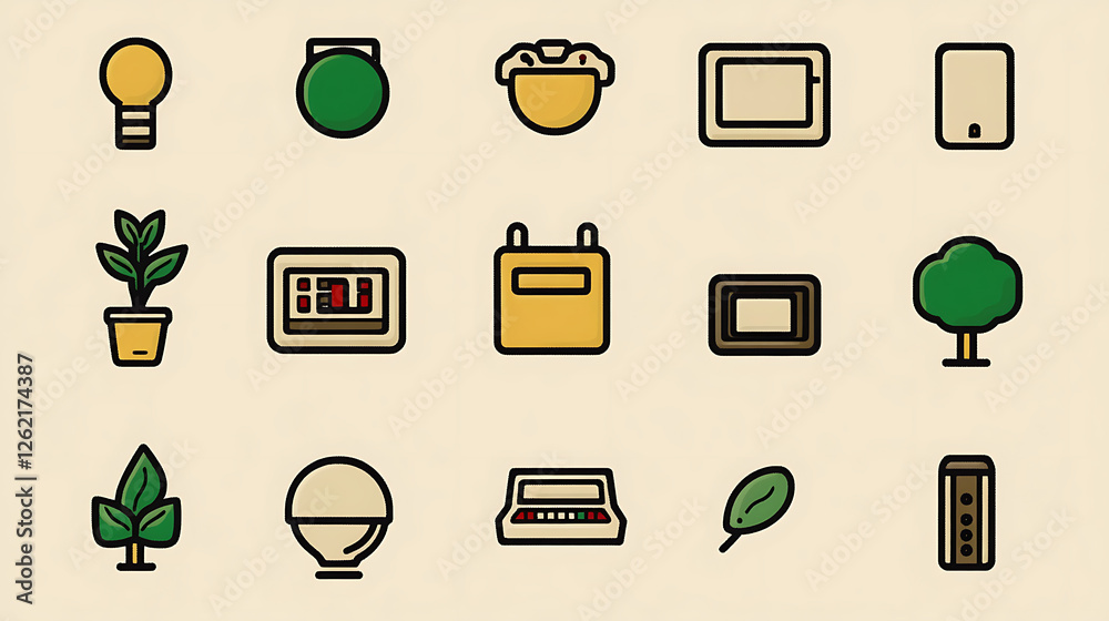 Poster retro style icons collection featuring trees, electronics, and various objects on a cream background