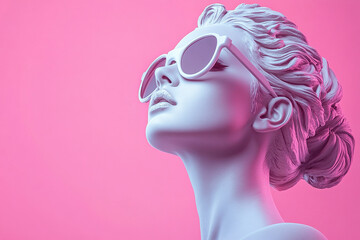 Beautiful female sculpture in ancient greek art style wearing sunglasses looking to the left on pink background. Fashionable photo of pop art statue.