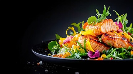 Grilled Salmon with Fresh Greens and Edible Flowers Arrangement