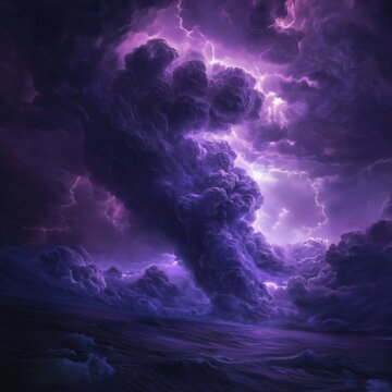 Dramatic purple thunderclouds over ocean with intense lightning