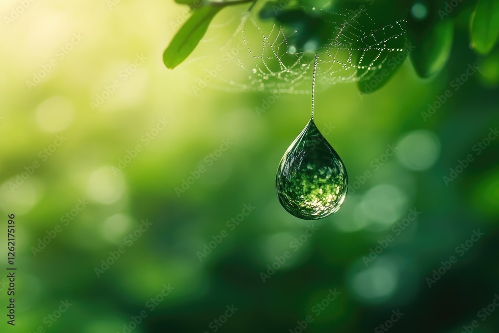 Poster a single dewdrop hangs from a spiderweb, reflecting the lush green foliage.
