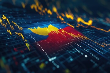 Financial data analysis displayed over the flag of Ecuador illustrating market trends and performance metrics, financial data processing over flag of equador