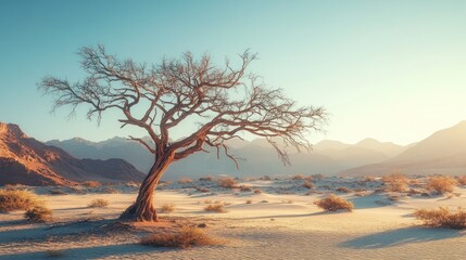 Lone desert tree sunrise, sand dunes, mountains