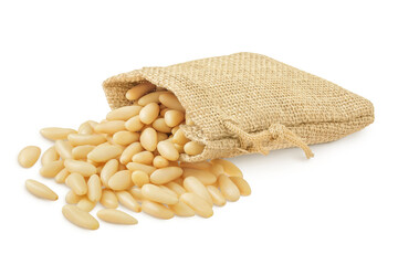 Shelled European pine nuts in a bag isolated on white background with full depth of field
