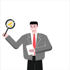 Man looking for job through magnifying glass while holding cv paper. Flat design vector illustration isolated on white background