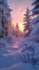 Fototapeta premium Enchanting Winter Night Forest with Snow-Covered Trees and Starry Sky for Serene Landscape and Holiday Mood, Generative AI