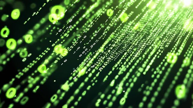 Abstract Green Data Stream with Binary Code and Glowing Particles Representing Technology, Digital Transformation, and Cybersecurity