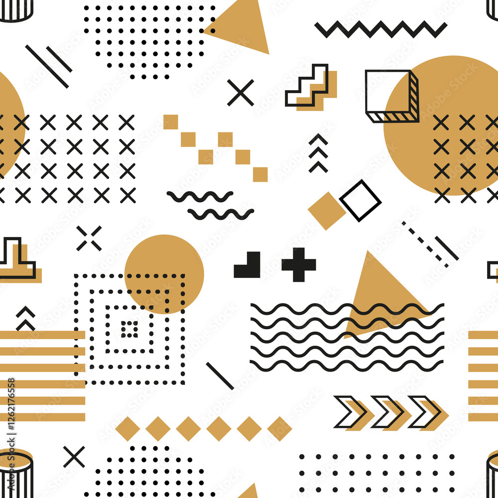Poster Hipster Memphis seamless pattern background with abstract geometric shapes. Vector vintage tile with golden, black and white colored figures. Trendy repeated ornament, creative wallpaper or print