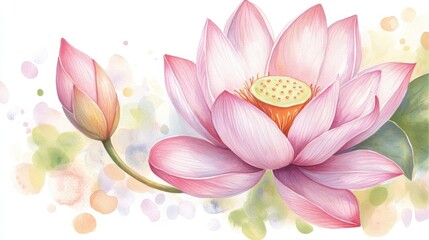 Fototapeta premium Watercolor Painting Of Pink Lotus Flower With Bud