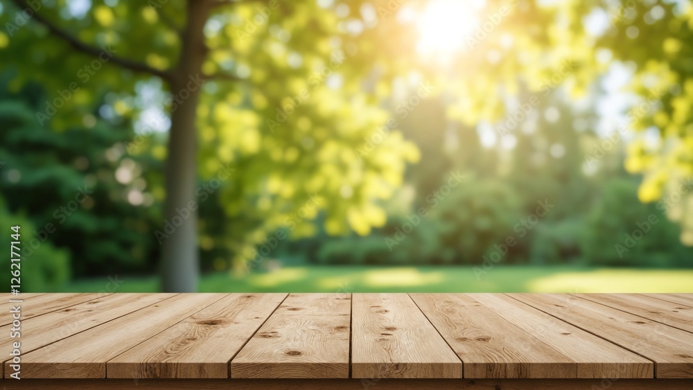 Aufkleber empty wooden table with garden bokeh for a catering or food background with a country outdoor theme,