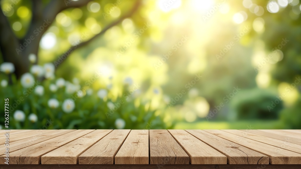 Poster empty wooden table with garden bokeh for a catering or food background with a country outdoor theme,
