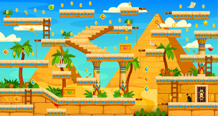 Ancient Egypt 2d arcade game level map interface. Egyptian pyramids, platform and stone stairs, coins and gem bonus, trap and snare. Adventurous gameplay with palm trees, ladders and ancient artifacts © Vector Tradition