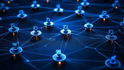 Secure network nodes connecting, global data flow, dark background, cybersecurity