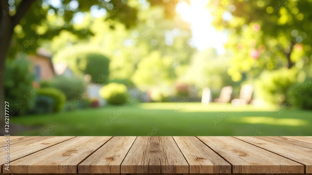 Aufkleber empty wooden table with garden bokeh for a catering or food background with a country outdoor theme,