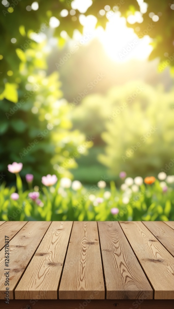 Poster Empty wooden table with garden bokeh for a catering or food background with a country outdoor theme, Template mock up for display of product