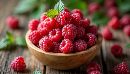 Fresh ripe raspberries in a wooden bowl on a rustic table