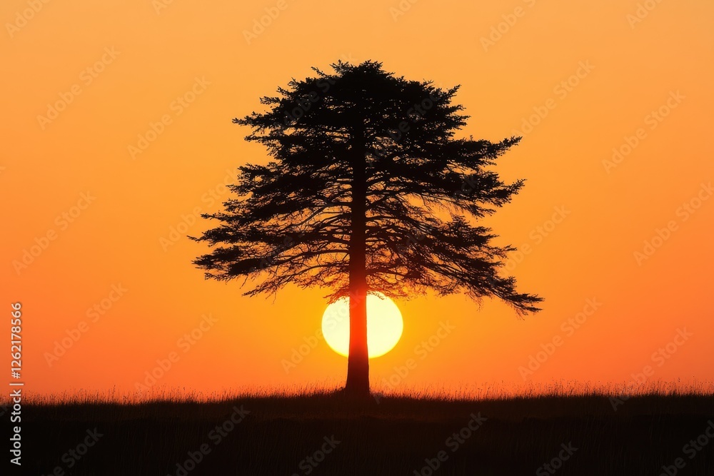 Aufkleber silhouette of a solitary tree at sunset, sun setting behind the tree, creating a dramatic scene.