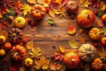 Fototapeta premium Autumnal Harvest Abundance A Rustic Wooden Table Display Featuring Vibrant Pumpkins and Colorful Fall Foliage