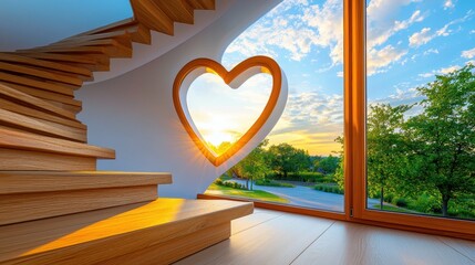 Wooden Staircase Heart Shaped Window Sunset View