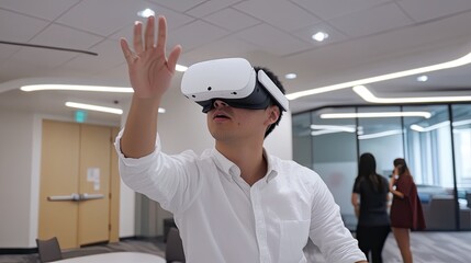 Man uses VR headset in modern office