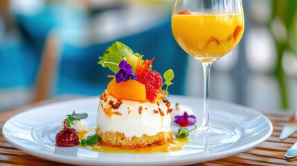 Delicious Fruit Dessert with Creamy Topping and Refreshing Drink