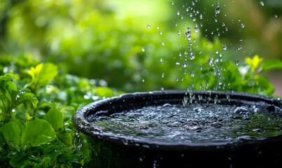 Rainwater harvesting barrel full of water, Generative AI