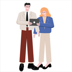Male business workers are discussing. Office workers team discussion. Boss gives suggestion, idea, brainstorming to female employee. Flat design vector illustration isolated on white background