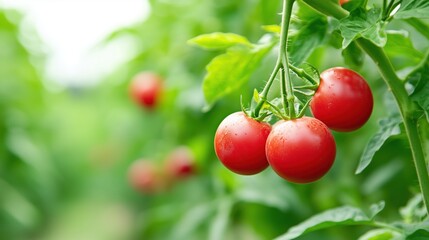 Cluster of ripe red tomatoes on a vine in a green garden. Organic farming. Fresh produce