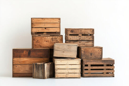 A variety of wooden crates stacked against a plain white background, showcasing different textures and tones of natural wood.