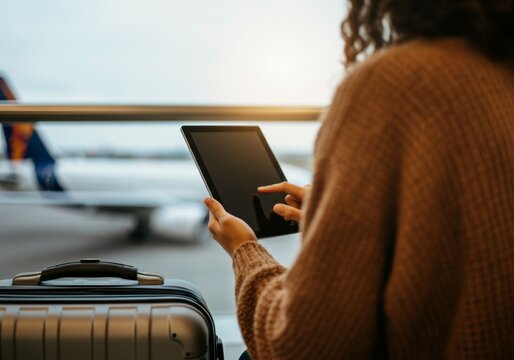 Woman using tablet at airport terminal with suitcase and airplane in background