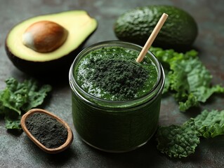 Fresh Plant-Based Green Smoothie with Kale and Avocado