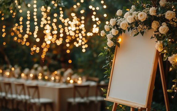 Elegant Wedding Reception with Blank Floral Signboard and Warm Fairy Lights in Outdoor Garden Setting