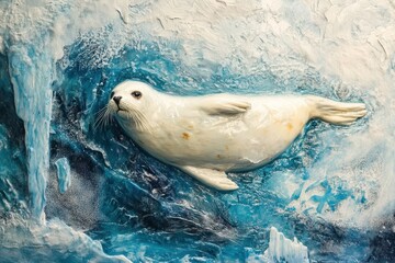 Obraz premium Seal swimming in icy waters surrounded by beautiful glacial formations, Seal on ice