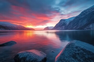 Stunning sunset time lapse over dramatic fjord landscape with vibrant colors reflecting on calm waters, Sunset time lapse over dramatic fjord landscape, epic beauty ; Flam, Norway