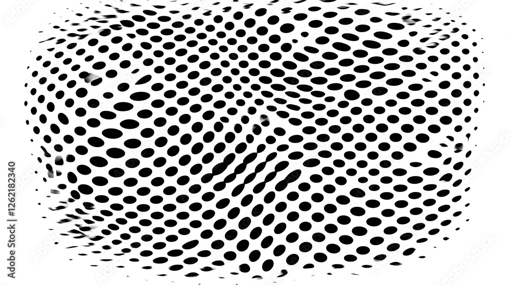 Poster swirling array of black dots creates a visually distorted pattern on a white background surface