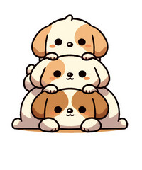 Obraz premium Cartoon cat and dog with bear, lion, and puppy toys, smiling characters in a fun and cute animal illustration